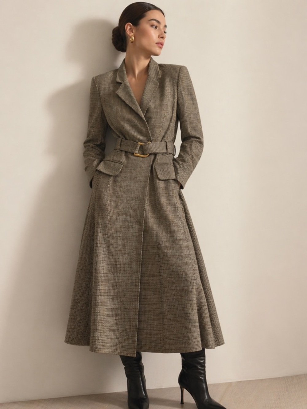 Karen Millen Petite Houndstooth Belted Coat Dress Bamboo Buckle Tailored US 2